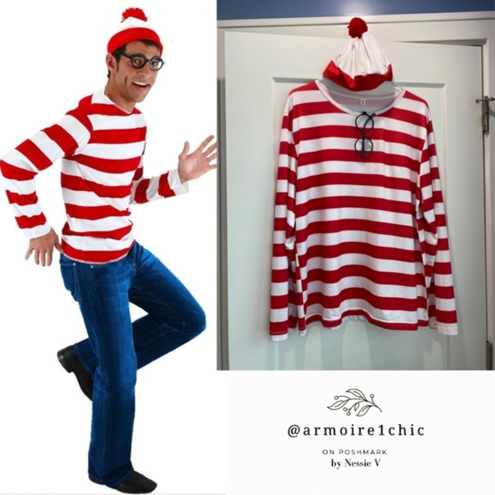 WHERE’S WALDO | Halloween Costume |includes Shirt, Hat, & Glasses | Men’s Size M